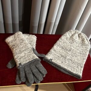 2 sets of alpaca wool hat/gloves. Gray beanie & gloves & tan fingerless with hat